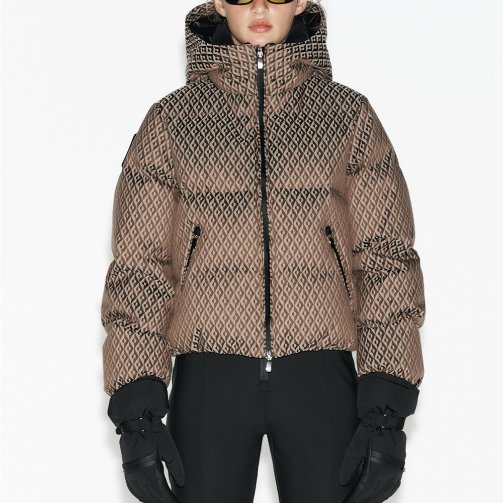 NWT Zara Brown Patterned Ski Down Jacket with Black Accents